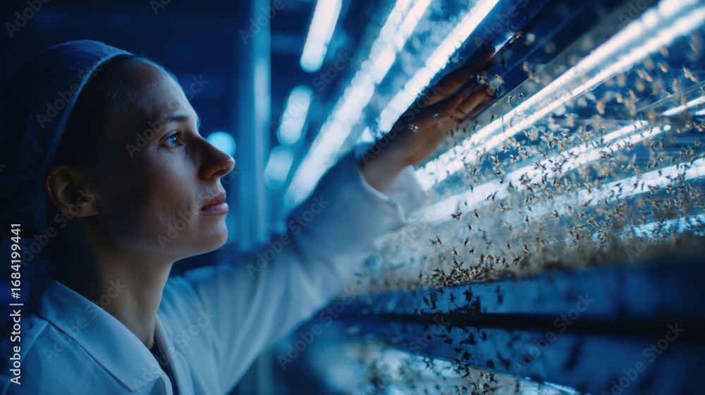 Poster Closeup of a technician in a lab coat inspecting the feeding system of a vertical insect farming unit emphasizing the precision and technology involved in insect protein cultivation.