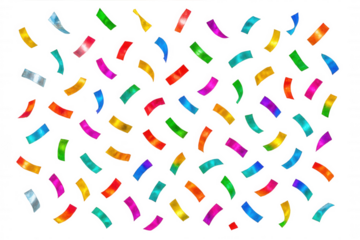 Vibrant confetti fragments falling dynamically, scattering multicolored paper pieces across transparent surface with celebratory energy