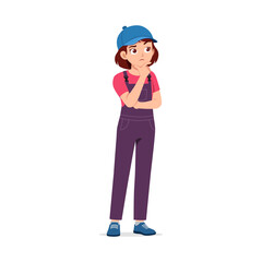 Thoughtful Asian Girl in Overalls and Cap Standing with Hand on Chin Looking Up