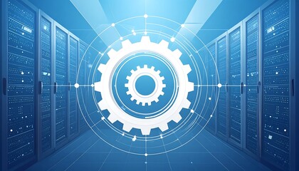 A modern data center, showcasing the intricate network and technological infrastructure, highlighted by a central gear icon symbolizing the seamless operation of complex systems.