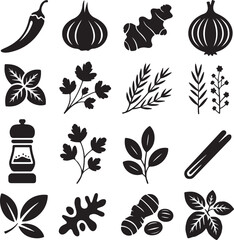 Collection of culinary herbs spices and ingredients icons food cooking