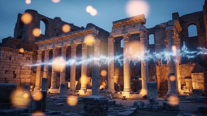 Ancient Roman ruins illuminated with digital soundwave visualization at night - Powered by Adobe
