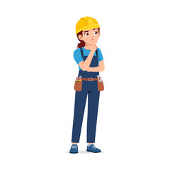 Construction Worker Woman in Overalls and Hard Hat Thinking with Hand on Chin
