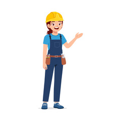 Female Construction Worker in Uniform with Hard Hat Presenting with Open Palm Smiling