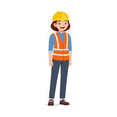 Happy woman worker wearing safety vest and helmet standing in full body view