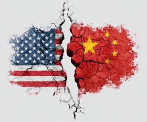 A fractured image juxtaposes the American and Chinese flags, signifying a strained relationship between the two nations.