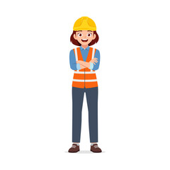 Young Caucasian Woman Engineer in Safety Vest and Helmet with Arms Crossed Smiling