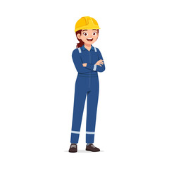 Illustration of cheerful young woman worker wearing uniform and hard hat standing with arms crossed