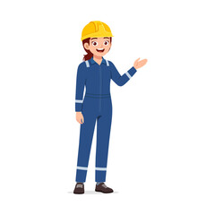 Young woman in uniform with yellow helmet smiling and pointing with hand presentation