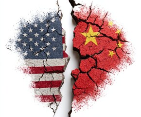 Divided nations, fractured by conflict, depicted as cracked earth, mirroring the strained relationship between the United States and China.