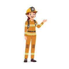 Cheerful Woman Firefighter Wearing Protective Gear Explaining Something on White Background