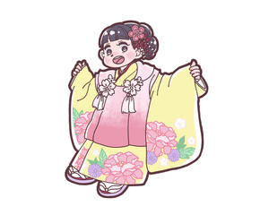 七五三の和服を着た女の子のイラスト