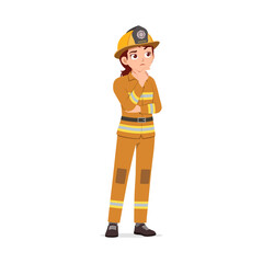 Cartoon Woman Firefighter Standing with Arms Crossed Thinking Looking Upwards wearing Safety Helmet