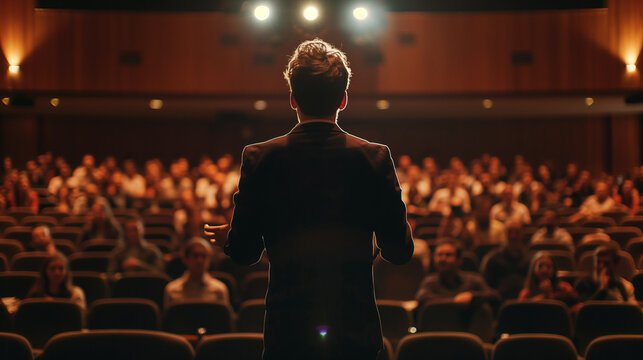 Um palestrante no palco falando para uma grande plateia.