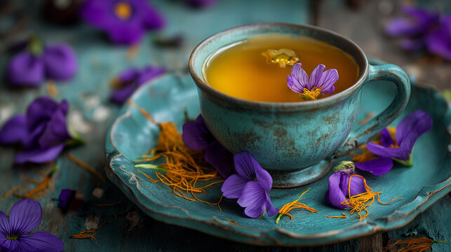 Uma x&iacute;cara de ch&aacute; de a&ccedil;afr&atilde;o com flores roxas.
