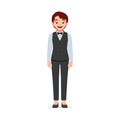 Asian Waitress Smiling Wearing Uniform Standing Straight Looking Happy in Illustration