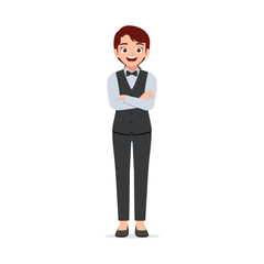 Young Asian Woman in Formal Suit Standing with Crossed Arms and Smiling Illustration Style