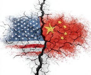 A fractured earth, divided by opposing national emblems, symbolizes a tense geopolitical landscape.
