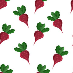 Vector seamless pattern with red beets and green leaves on white. Perfect for food packaging, menus, labels, fabric, kitchen decor, wrapping paper and farm market branding