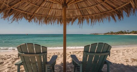 Washing gentle wave rolling onto beach, breeze blowing thatched umbrella fringe over blue chairs - Powered by Adobe