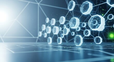 Abstract representation of blockchain technology with interconnected glowing network nodes.