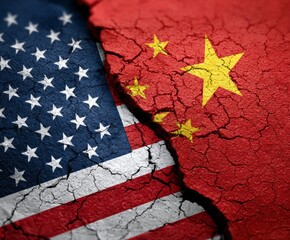 A fractured image of the American and Chinese flags, symbolizing a strained relationship between the two nations.
