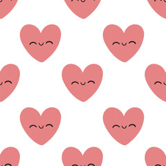 Pink cute heart pattern on white background. Vector seamless pattern with hearts. Lovely romantic endless background for Valentines day, holiday design, fabric. Hand drawn kids pattern with hearts.