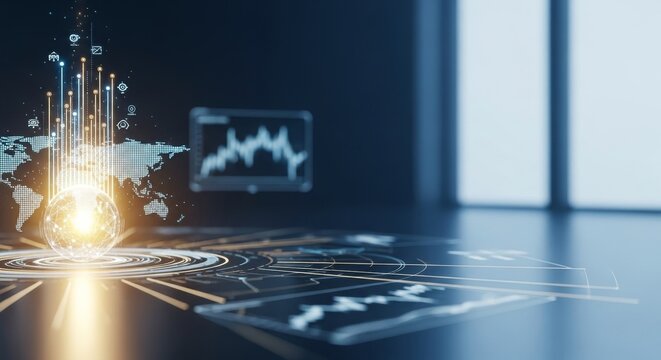 Global economy outlook with digital data, world map, and futuristic technology connections.