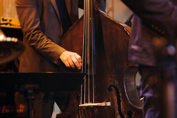 Concert view of contrabass violoncello player with vocalist and musical rock band during concert, jazz orchestra performing music, violoncellist cello jazz player on stage in a club, music arena hall