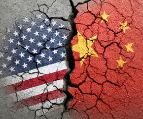 A depiction of strained relations between the United States and China, symbolized by cracked earth bearing their national flags.