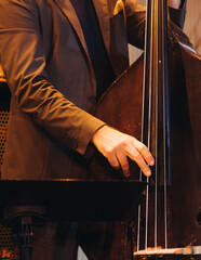 Concert view of contrabass violoncello player with vocalist and musical rock band during concert, jazz orchestra performing music, violoncellist cello jazz player on stage in a club, music arena hall
