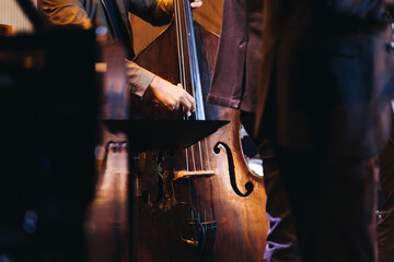 Concert view of contrabass violoncello player with vocalist and musical rock band during concert, jazz orchestra performing music, violoncellist cello jazz player on stage in a club, music arena hall