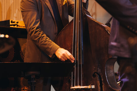 Concert view of contrabass violoncello player with vocalist and musical rock band during concert, jazz orchestra performing music, violoncellist cello jazz player on stage in a club, music arena hall