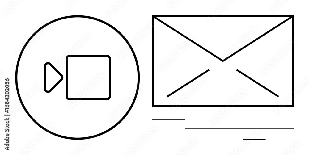 Aufkleber video play button in a circle next to a simple envelope icon, symbolizing digital communication. ide