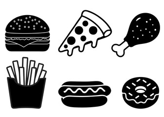 Assortment of Delicious Fast Food Items Burger, Pizza, Hotdog, Fries, Donut, Chicken