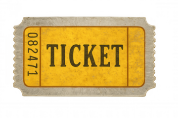 Vintage-style yellow ticket isolated on transparent background, symbolizing access, entertainment, and events