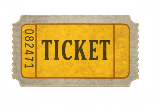 Vintage-style yellow ticket isolated on transparent background, symbolizing access, entertainment, and events