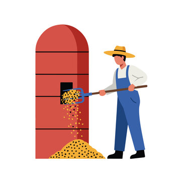 Farmer with pitchfork unloading grain from silo