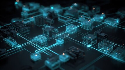 A visualization of a supply chain map illustrating the flow of carbon credits linked to different manufacturing processes all verified through blockchain in a userfriendly MES interface.