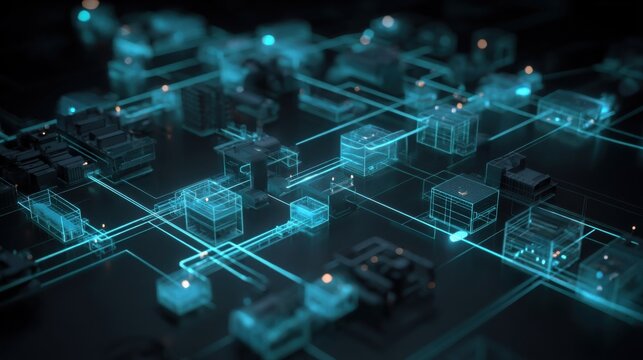 A visualization of a supply chain map illustrating the flow of carbon credits linked to different manufacturing processes all verified through blockchain in a userfriendly MES interface.