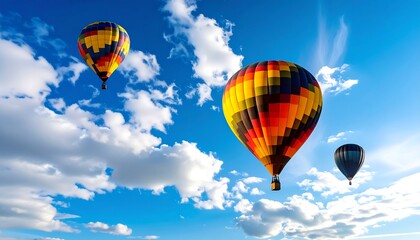 Fototapeta premium Colorful hot air balloons soar through a vibrant blue sky dotted with fluffy clouds