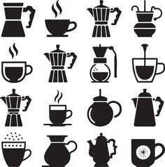 Coffee maker and cup icons espresso machine moka pot french press vector illustration