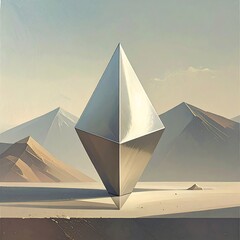 Geometric Minimalist Landscape with Metallic Object.