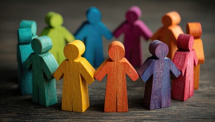Diverse community of colorful figures holding hands in unity.