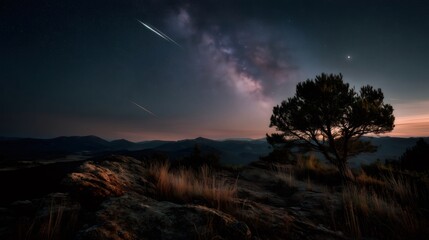 Fototapeta premium Breathtaking view of the milky way illuminating the night sky over a mountain range at twilight, with shooting stars streaking across a serene cosmic backdrop