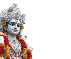Close-up of a detailed statue of a religious figure, showcasing intricate details and vibrant colors against a plain white background.