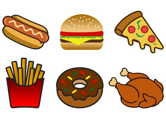 Assortment of Delicious Fast Food Items Burger, Pizza, Hotdog, Fries, Donut, Chicken