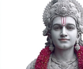 Close-up of a detailed statue of a serene deity, showcasing intricate carvings and vibrant colors against a plain white background.