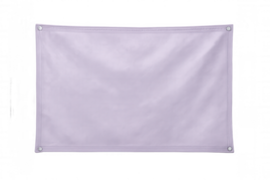 Light purple blank vinyl banner dangling from metal eyelets, displaying minimalist design concept against transparent background