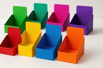 Vibrant retail product display boxes in multiple colors creating dynamic merchandising presentation perfect for colorful brand marketing and point of sale applications